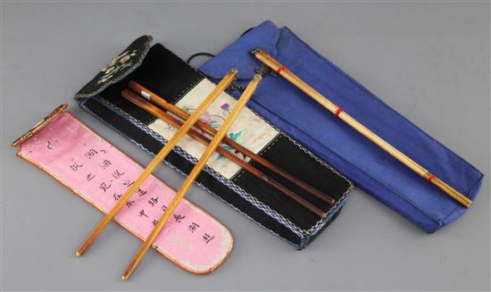 A Chinese embroidered chopstick case and three pairs of ivory chopsticks, late 19th / early 20th century,